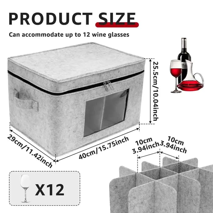 Organisateur de stockage de verres à vin, conteneur de verres à pied en feutre empilable avec 12 sép