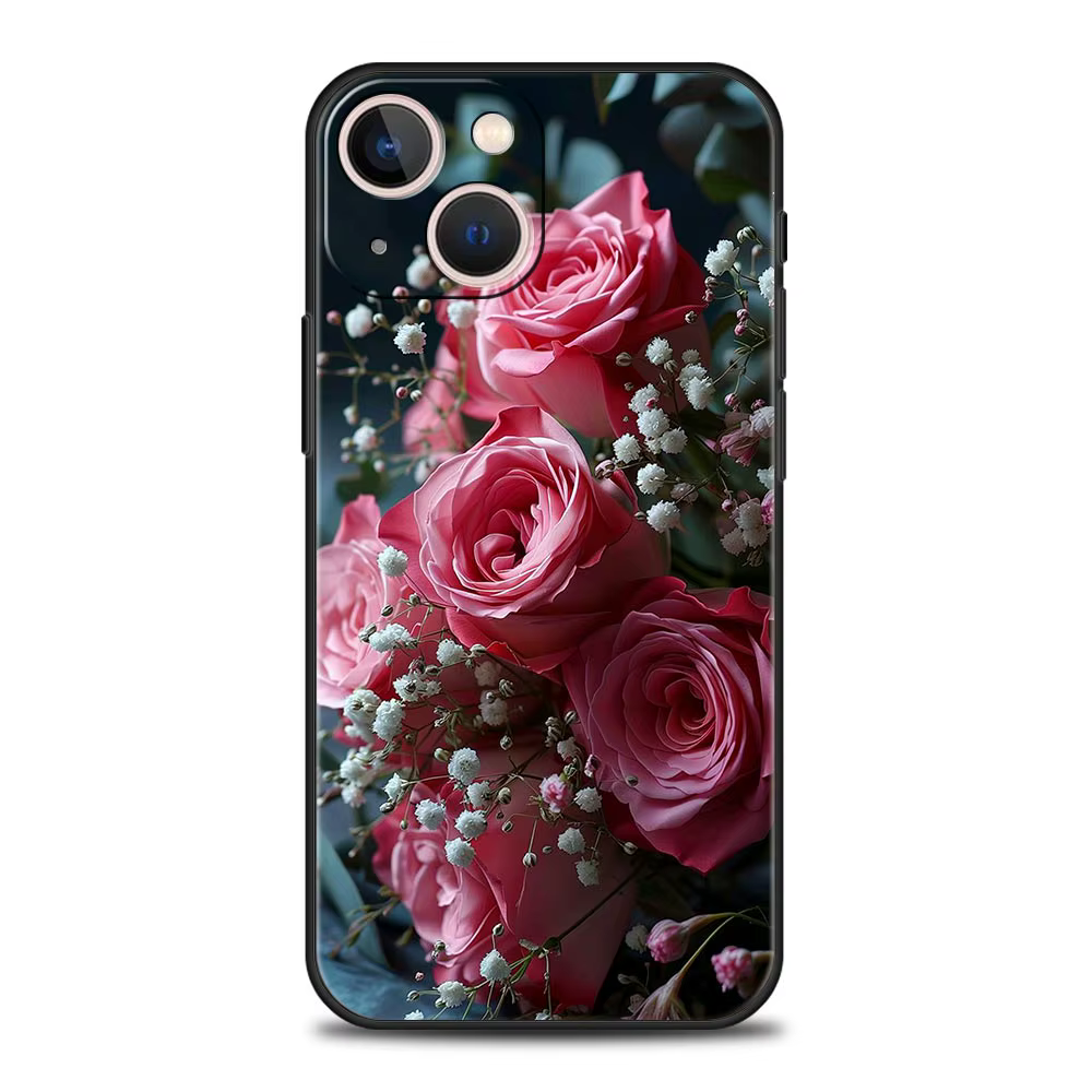 Coque de téléphone de luxe avec belles fleurs de roses rouges, étui noir pour iPhone 15 16 14 13 12 