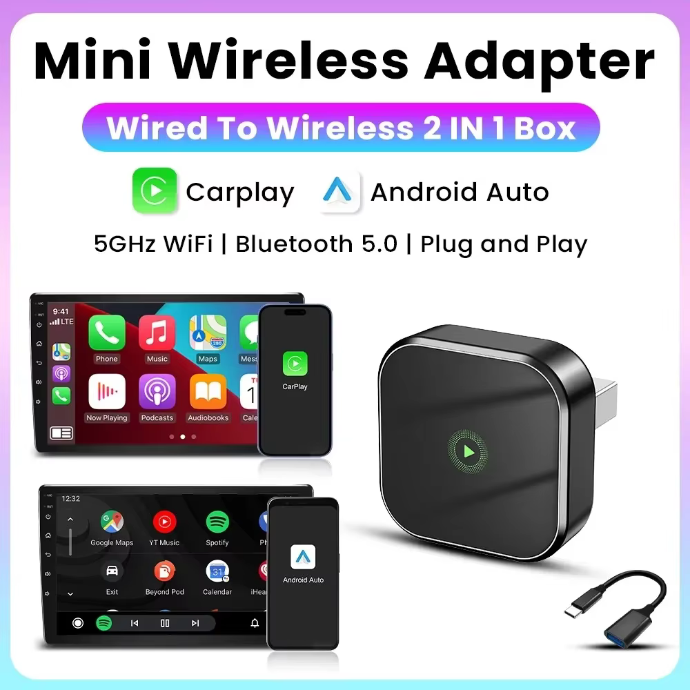 Mini adaptateur 2 en 1 Ai Box filaire vers sans fil CarPlay & Android Auto, WiFi 5 GHz, clé USB, Plu
