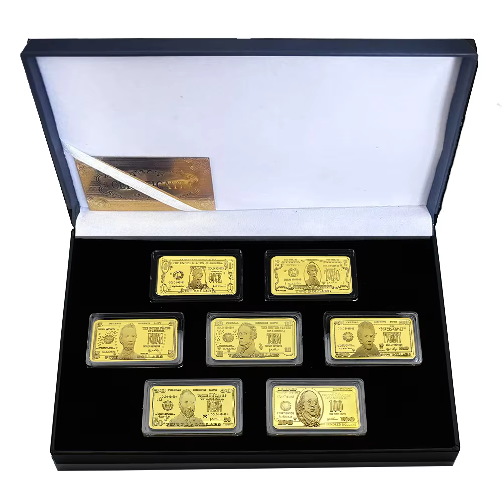 7 pièces/boîte US1 2 5 10 20 50 100 Dollars barre d'or médaille commémorative lingots Collection cad