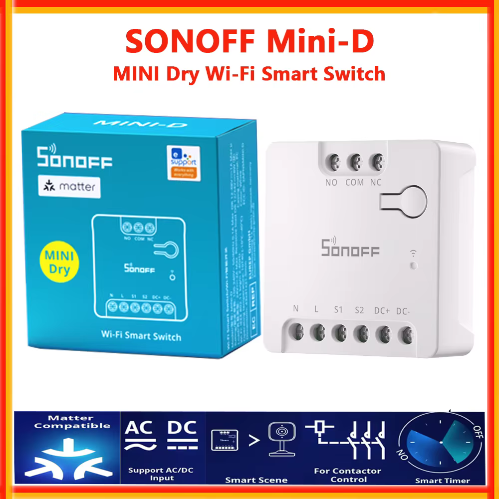 SONOFF Mini-D Mini Interrupteur intelligent Wi-Fi à contact sec compatible Matter, entrée AC/DC, con