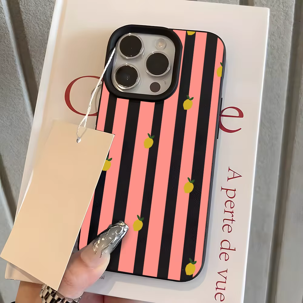 Coque de téléphone motif citron rayé rose beige pour iPhone 17 16 15 14 13 12 11 Pro Max 14 15 Plus