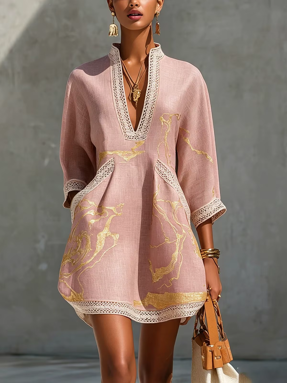 Mini-robe élégante pour femme, avec dentelle, col en V, imprimé abstrait, manches 3/4, poches, décon