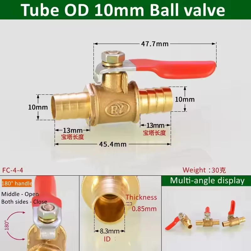 Mini vanne à boisseau sphérique en laiton en ligne 1/4 pouce 6mm 8mm 10mm 12mm avec raccord cannelé 