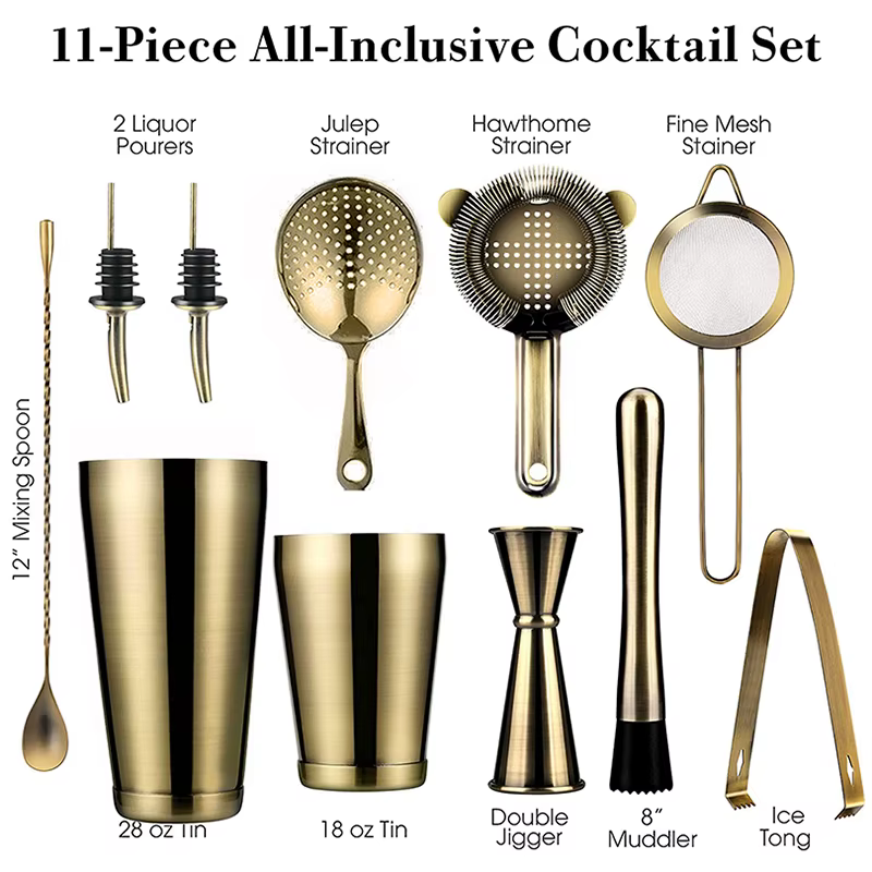 Ensemble de barman pour cocktails : Shakers Boston lestés, Ensemble de passoires à cocktails, Jigger, Muddler à cocktails, Cuillère, Pince à glace, Verseurs