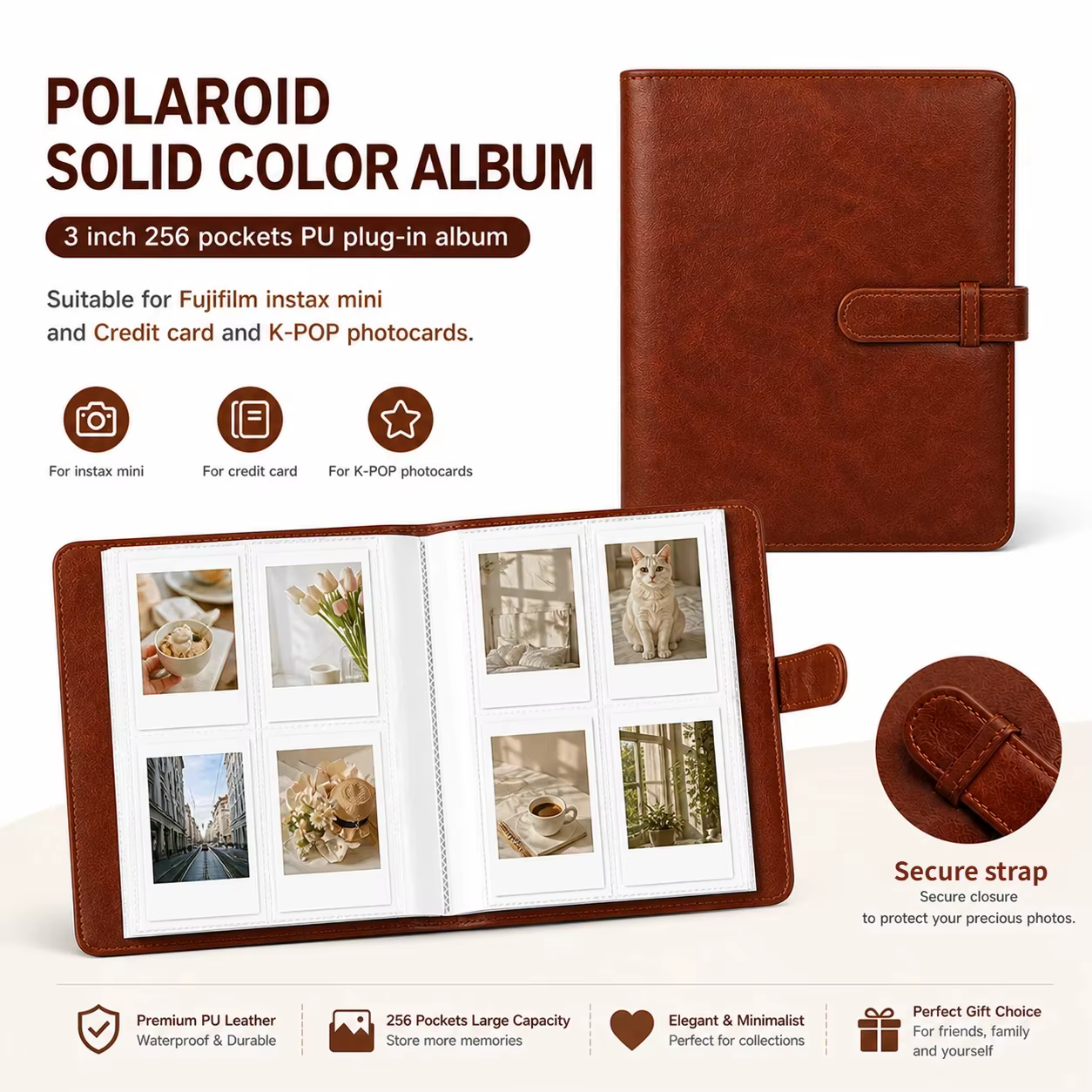 Album photo Polaroid 256 photos, 3 pouces - Couverture en cuir PU, compatible avec les films Fujifilm Instax Mini, les cartes, les billets - Plusieurs couleurs
