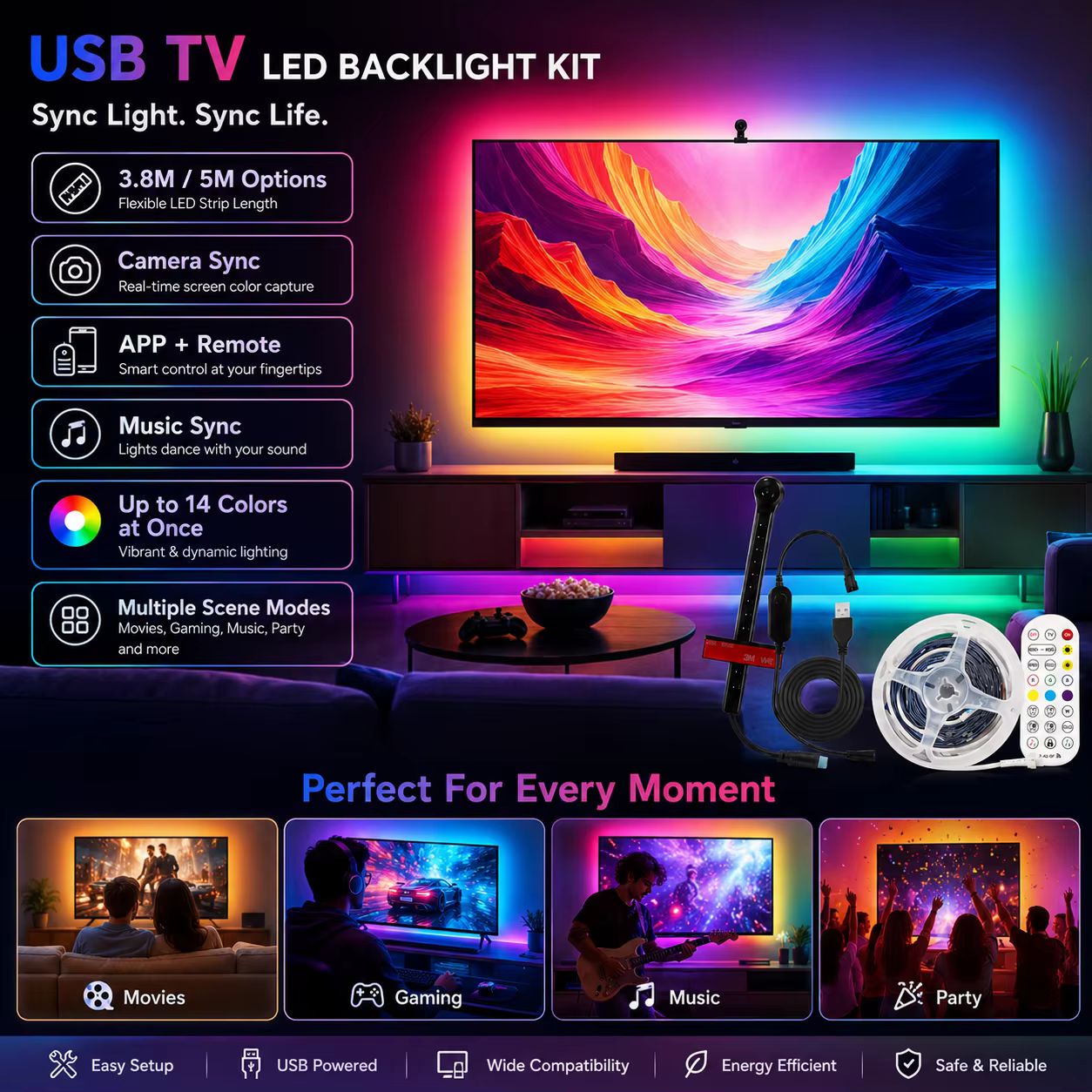Rétroéclairage LED RGBIC pour téléviseur 3,8M 5M avec synchronisation caméra, application intelligente, télécommande, bande lumineuse LED USB pour écran de téléviseur de 55 à 75 pouces