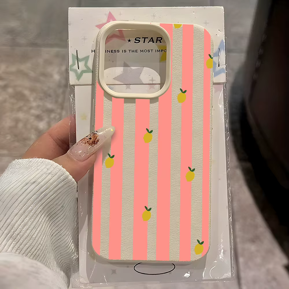Coque de téléphone motif citron rayé rose beige pour iPhone 17 16 15 14 13 12 11 Pro Max 14 15 Plus 17 Air X Xs XR, Housse souple Litchi