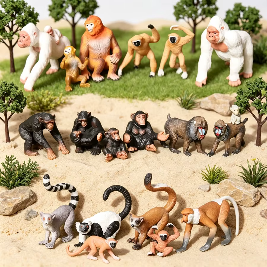 Figurines de simulation d'animaux sauvages : Mandrill, Chimpanzé, Gorille, Gibbon, Singe - Collection éducative de jouets et figurines