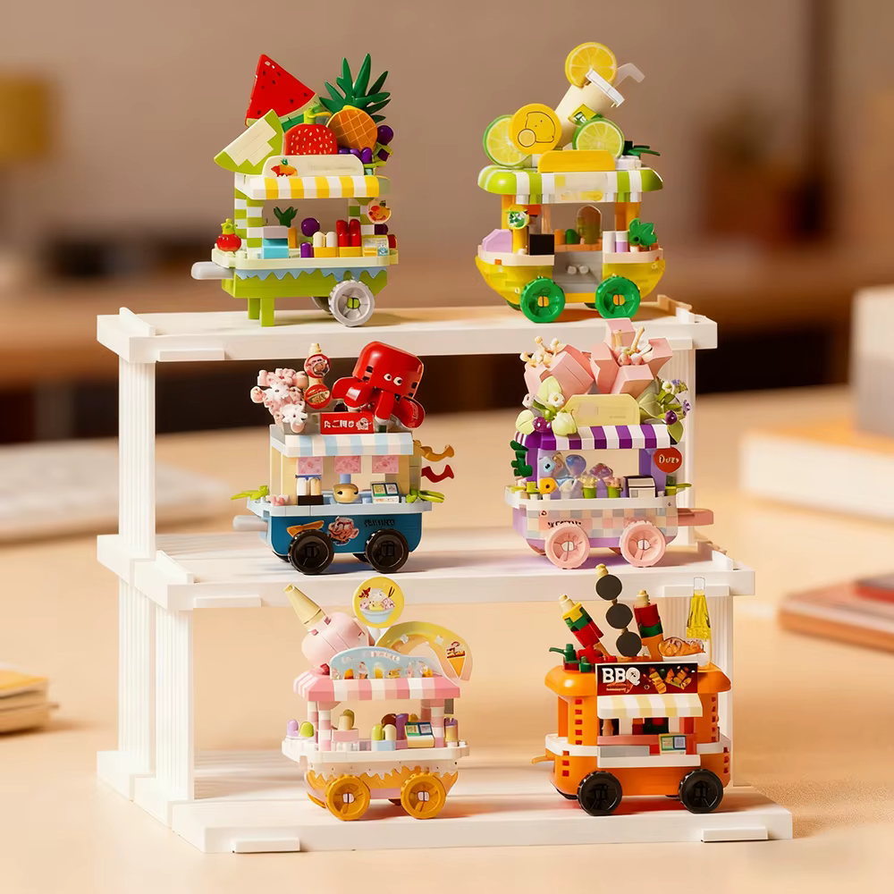 Mini-chariots alimentaires pour enfants, modèles de chariots de vente ambulante, briques de construction, jeu d'imitation mignon, puzzle, chariot à collations pour filles, jouet boutique de takoyaki