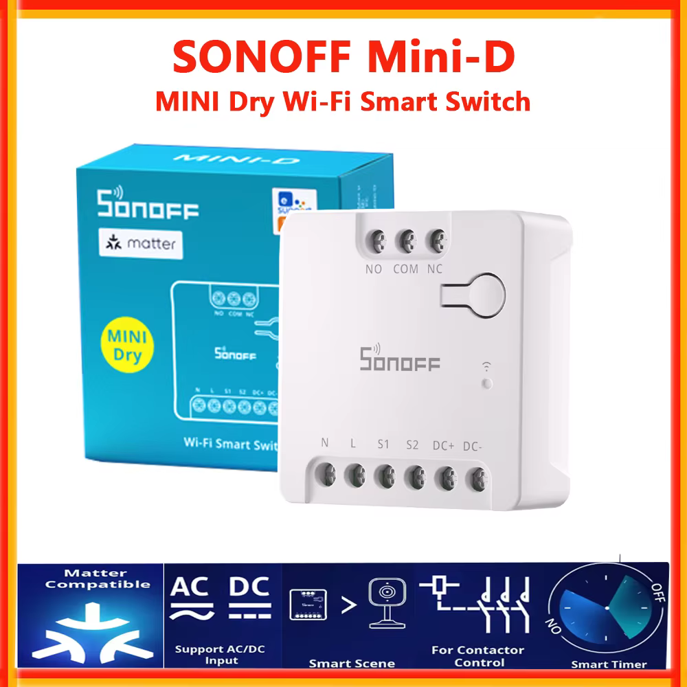 SONOFF Mini-D Mini Interrupteur intelligent Wi-Fi à contact sec compatible Matter, entrée AC/DC, contrôle à distance des moteurs et portes de garage via eWelink
