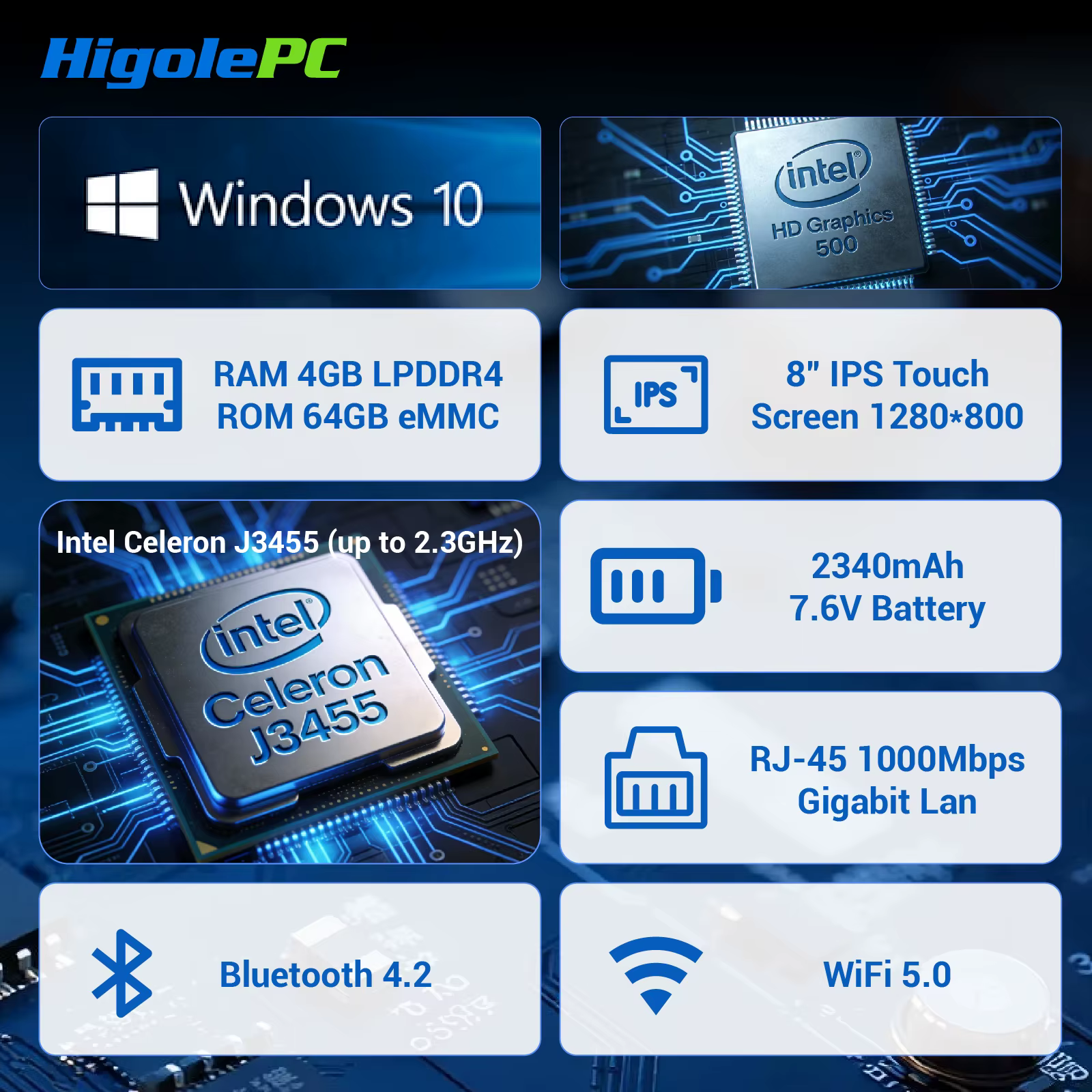 Higole F3APL 8 ''Mini PC sans ventilateur Intel J3455 Windows 10 WiFi5 4GB 64GB 2340mAh avec écran 4K ordinateur portable ordinateur de bureau Mini ordinateurs