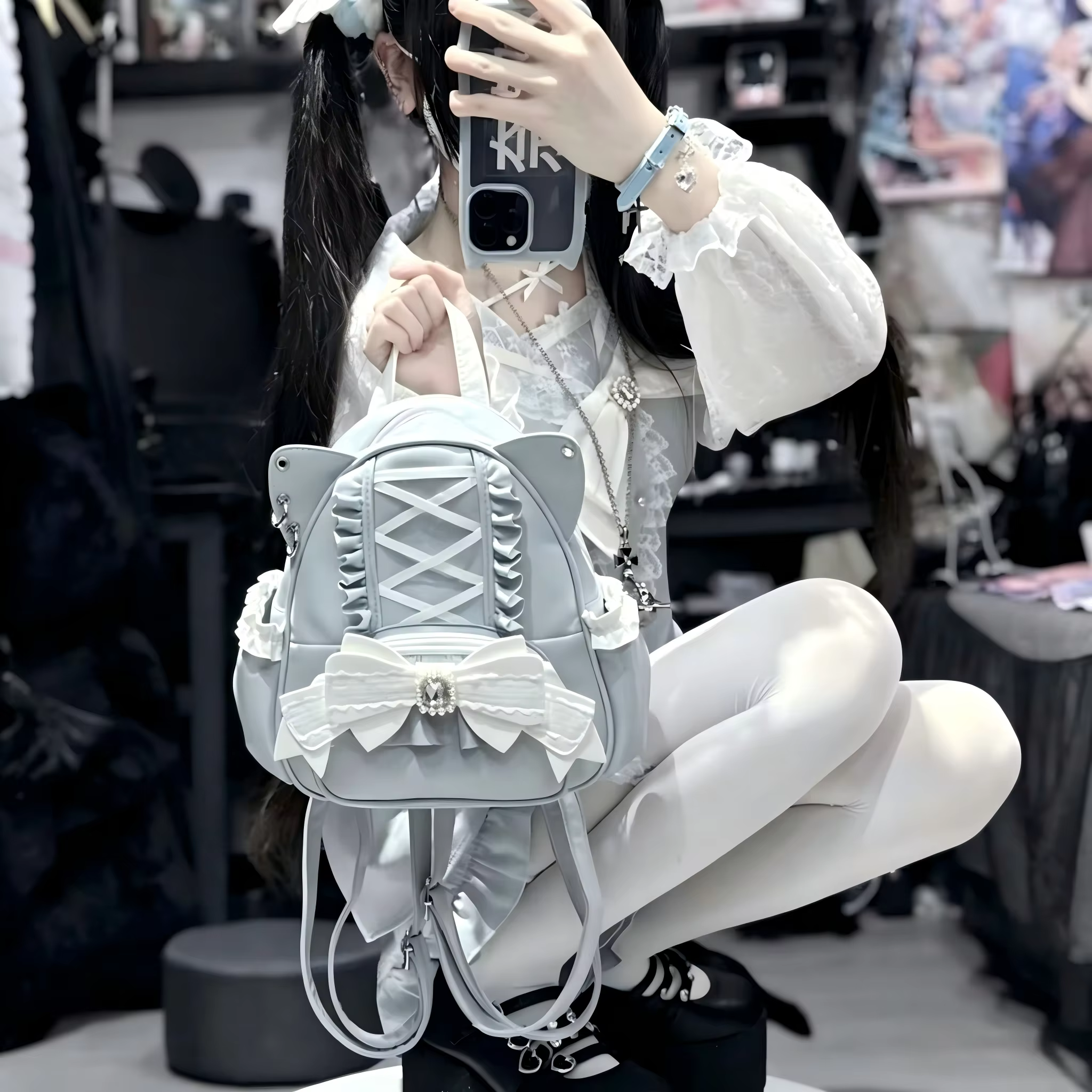 Mini sac à dos oreilles de chat, sac de style gothique mignon avec dentelle, nœud et détails en strass pour un usage quotidien