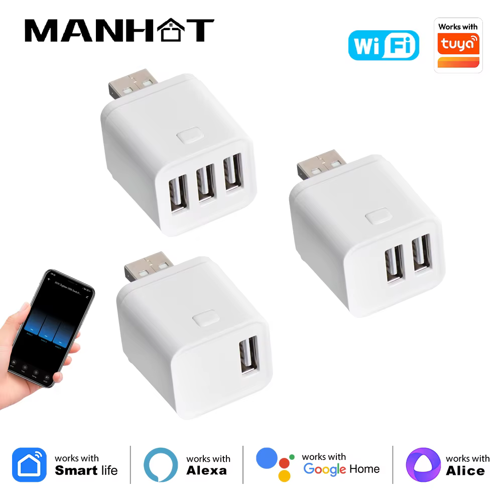 MANHO Hub USB intelligent WiFi, adaptateur Micro USB 5V, mini adaptateur d'alimentation USB WiFi, contrôle à distance par application, commande vocale pour Alexa Google Home