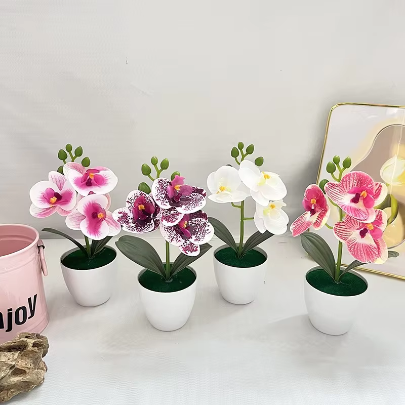 Mini Plante en Pot Artificielle Orchidée Papillon à 3 Fleurs, Accessoire Végétal Vert pour Décoration de Salon et Maison
