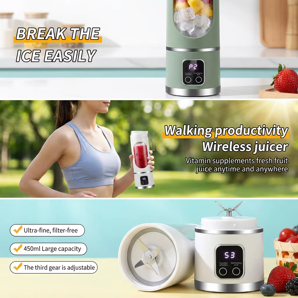 Mini-presse-agrumes électrique 2025 avec moteur puissant, grande capacité 450 ml, affichage numérique, glace pilée, tasse à jus rechargeable pour la maison