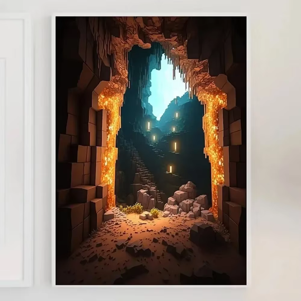 Peinture sur toile Mine Game Pixel Craft Paysage, Art mural moderne pour Salon et Salle de jeux, Décoration intérieure