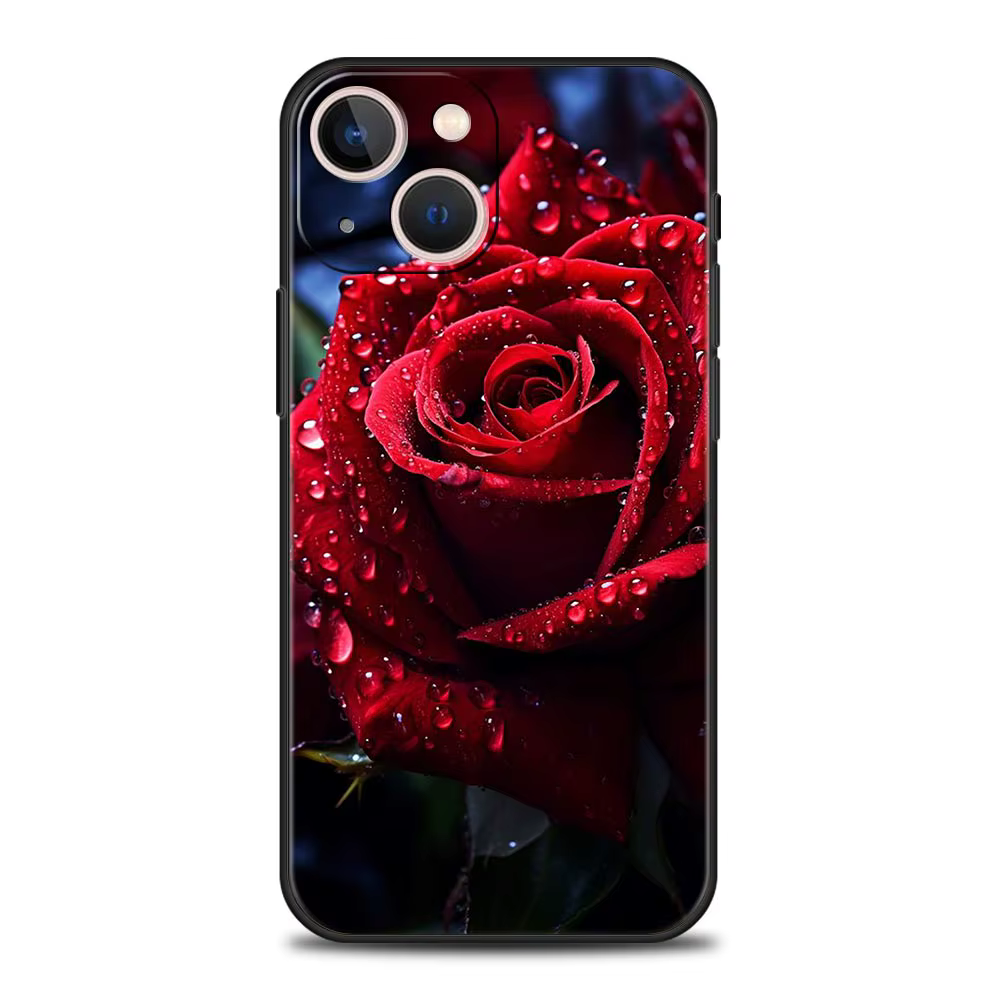 Coque de téléphone de luxe avec belles fleurs de roses rouges, étui noir pour iPhone 15 16 14 13 12 mini 11 Pro Max XS X XR SE 7 8 Plus