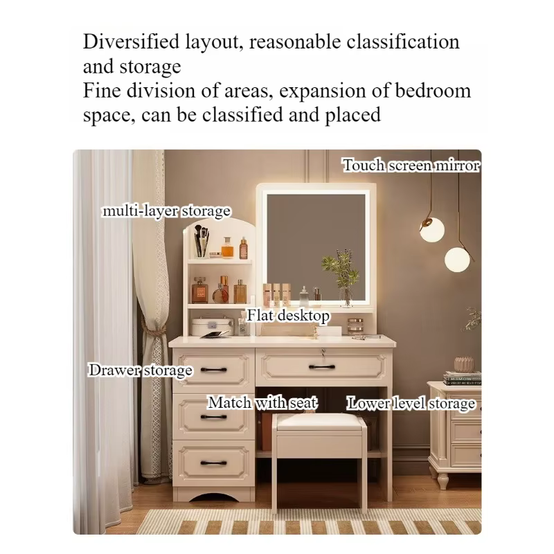Table de toilette pour petit appartement avec miroir, rangement intégré, table de maquillage, style moderne simple européen, chambre principale