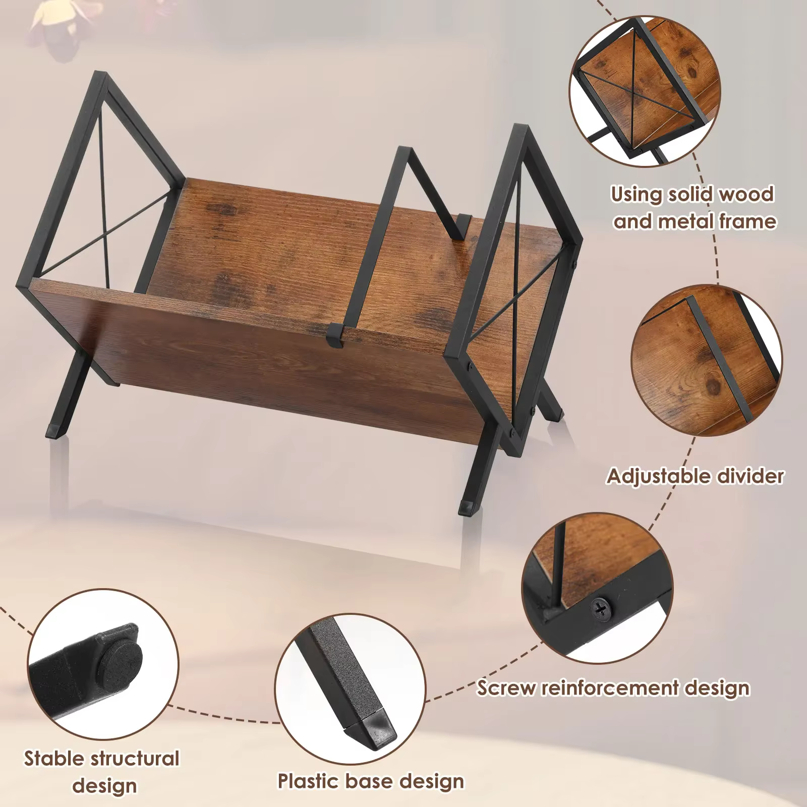 Support de rangement pour disques vinyles, support de rangement de bureau en bois et métal avec séparateur réglable, support décoratif pour disques vinyles, support d'album