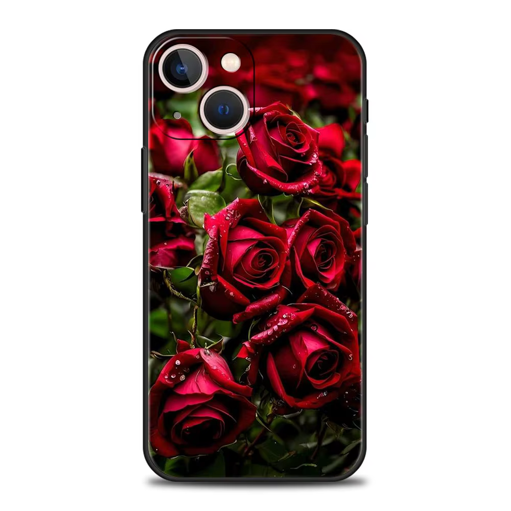 Coque de téléphone de luxe avec belles fleurs de roses rouges, étui noir pour iPhone 15 16 14 13 12 mini 11 Pro Max XS X XR SE 7 8 Plus