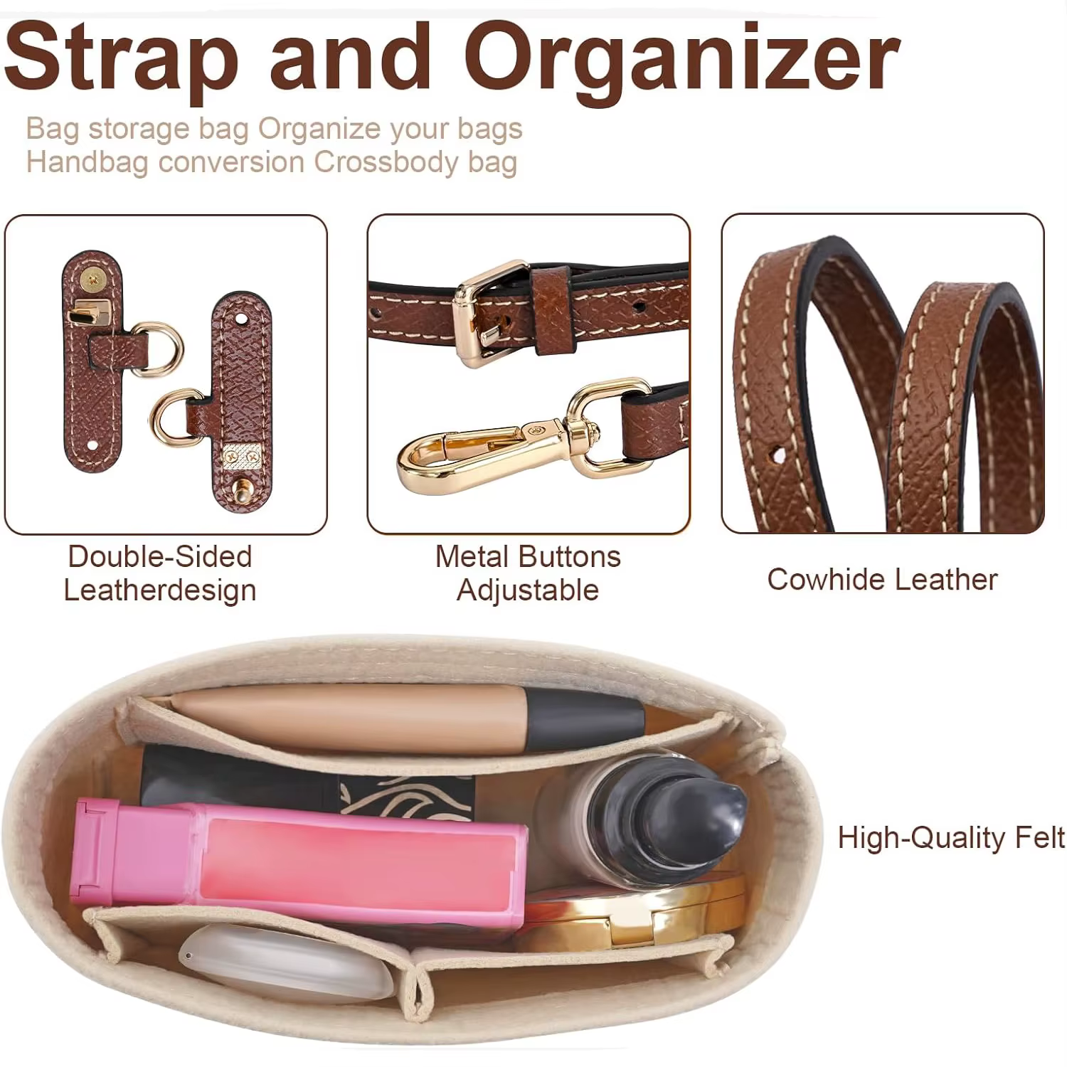 2 Kits de Sangles d'Épaule en Cuir et Organiseurs de Sac en Feutre pour Longchamp Mini