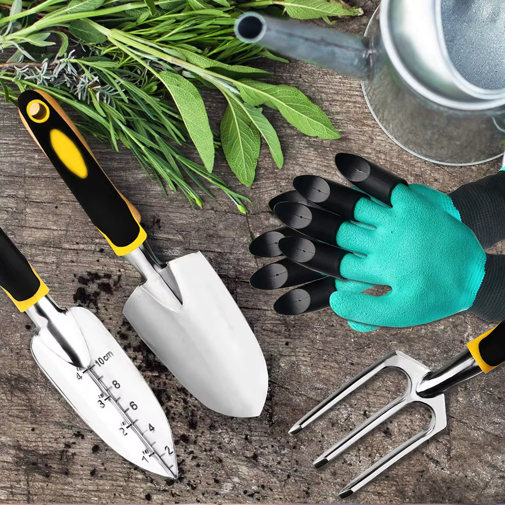 Ensemble d'outils de jardin, paquet de 4 avec truelle, râteau à main pour cultivateur, truelle de transplantation, gants de jardinage pour désherbage, ameublissement du sol