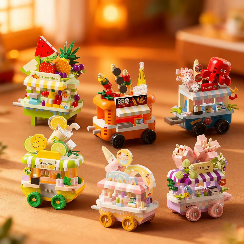 Mini-chariots alimentaires pour enfants, modèles de chariots de vente ambulante, briques de construction, jeu d'imitation mignon, puzzle, chariot à collations pour filles, jouet boutique de takoyaki