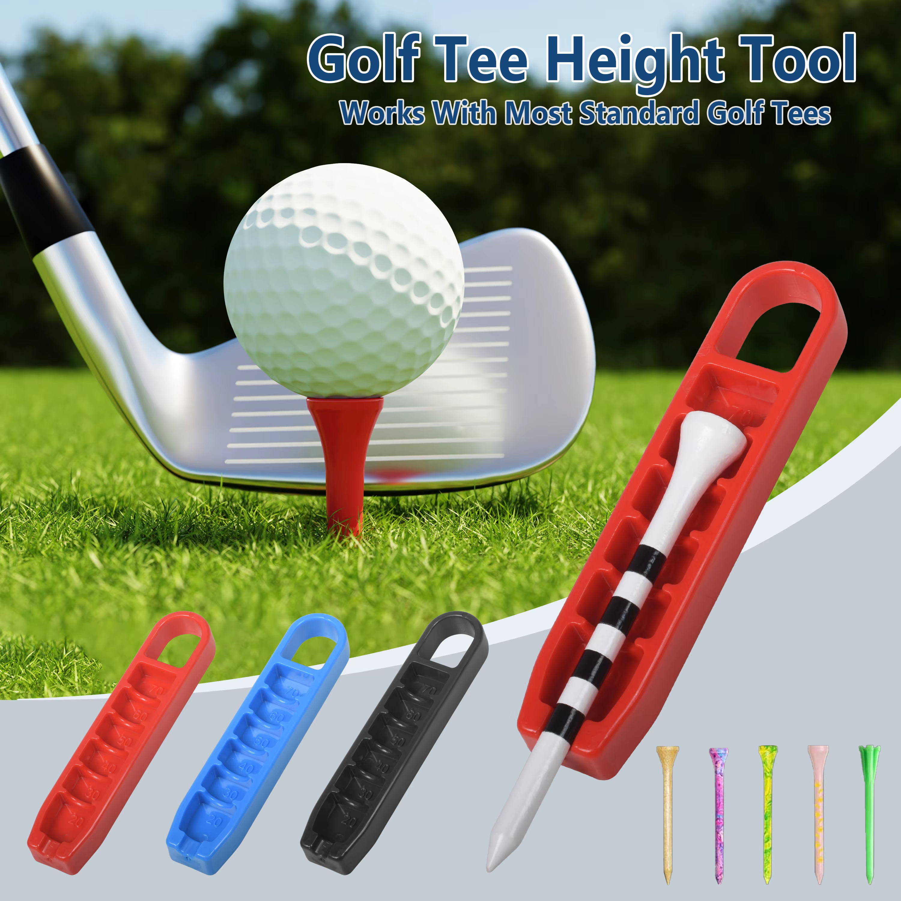 Accessoires de golf : Outil de réglage de la hauteur du tee, outil d'alignement réglable, compatible avec plusieurs types de tees, aide à la pratique portable