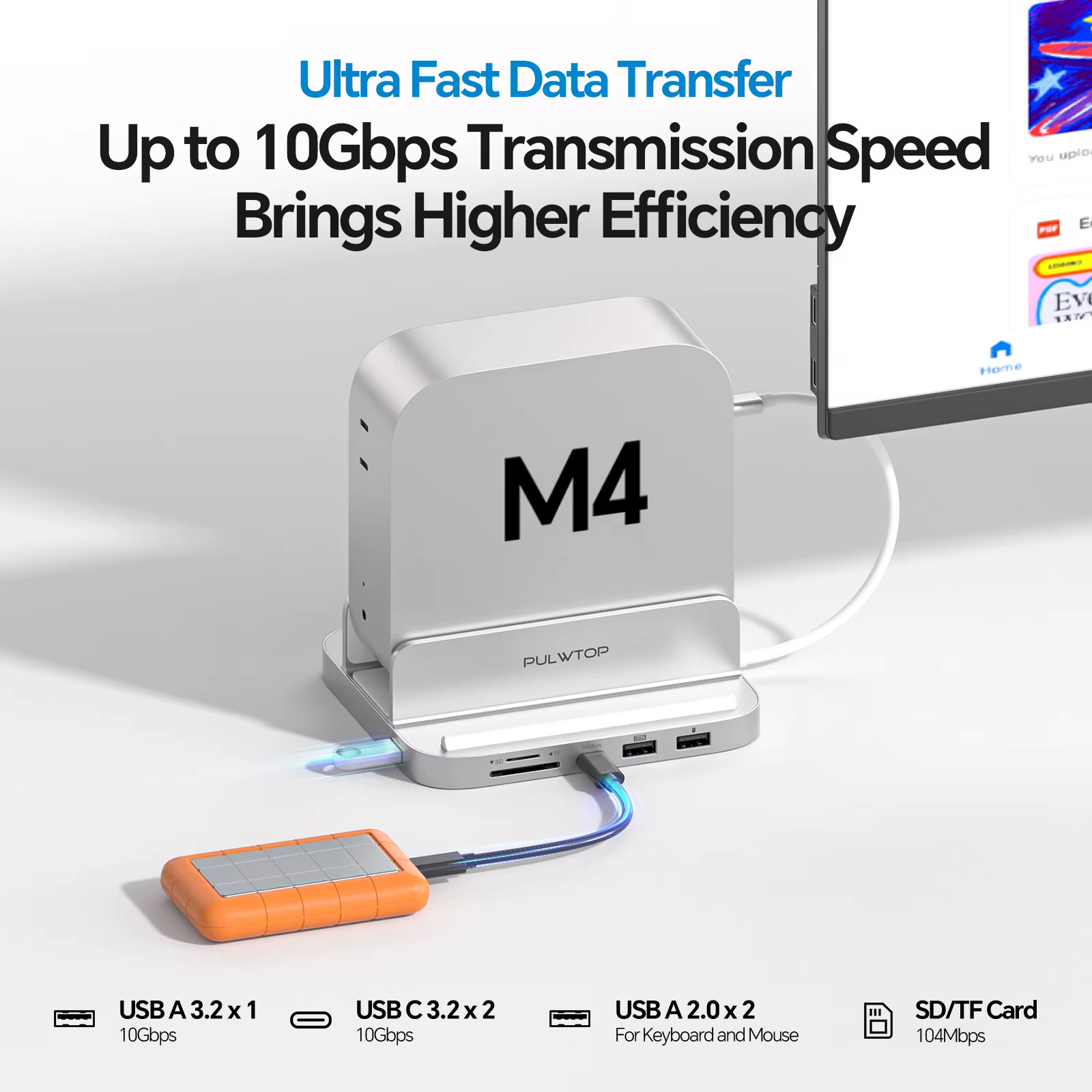 Hub PULWTOP Mac mini M4 avec SSD HDMI 4K et M.2 (SSD NON inclus), USB A/C 10 Gbit/s, audio, USB A 2.0, SD/TF pour Mac mini M4 Pro