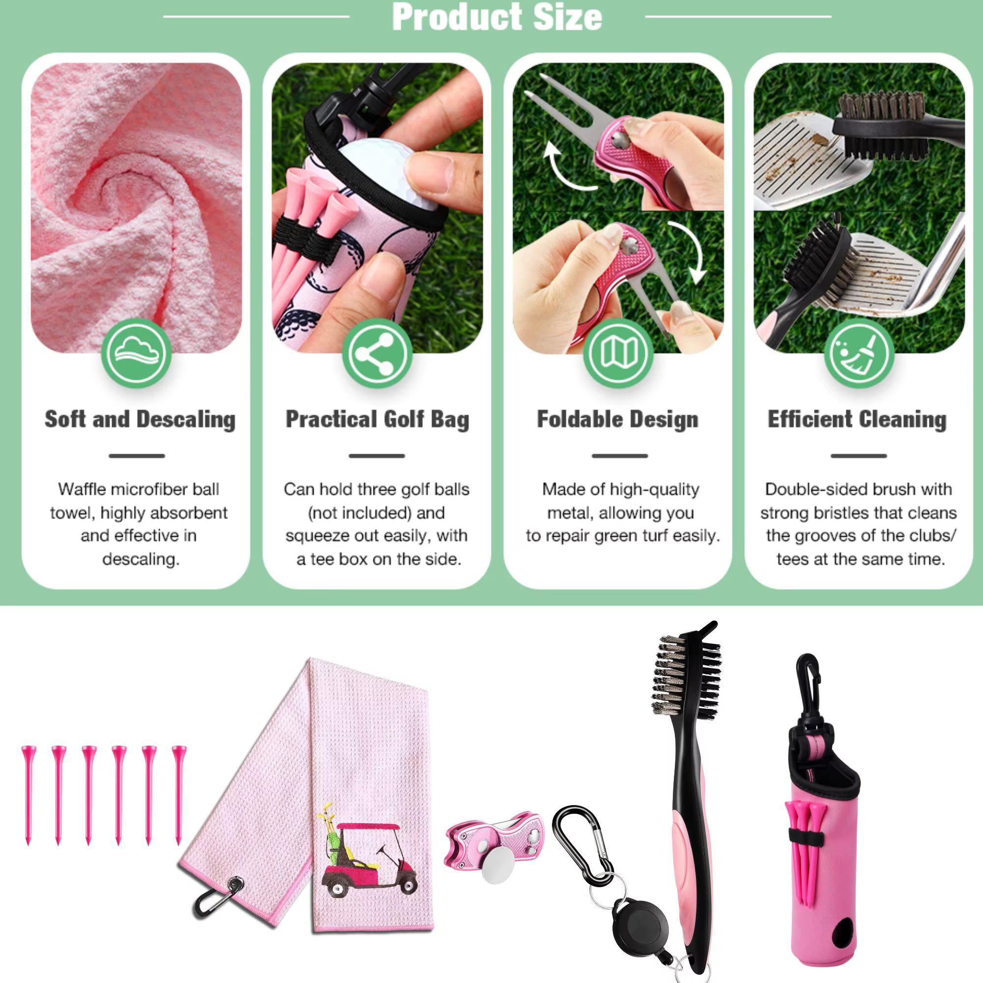 Kit d'accessoires de golf 10 pièces, comprenant un sac à balles de golf avec crochet, une serviette, des tees, un marqueur de balle magnétique, un outil de réparation de divots et une brosse de nettoy