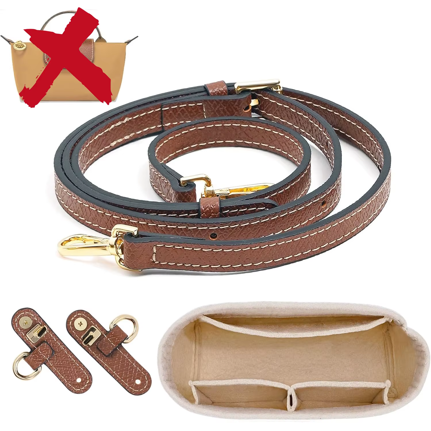 2 Kits de Sangles d'Épaule en Cuir et Organiseurs de Sac en Feutre pour Longchamp Mini