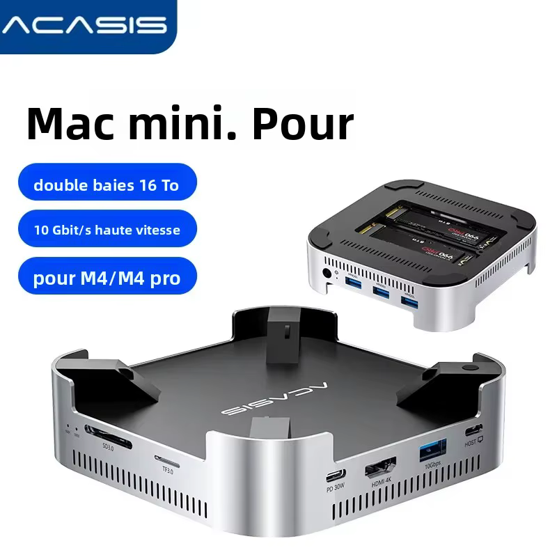 Station d'accueil USB-C 10 en 1 Acasis, double SSD M.2 NVMe 10 Gbit/s, HDMI 4K 60 Hz, USB-A 3.1 PD 30 W, boîtier pour Mac Mini M4/M4 Pro