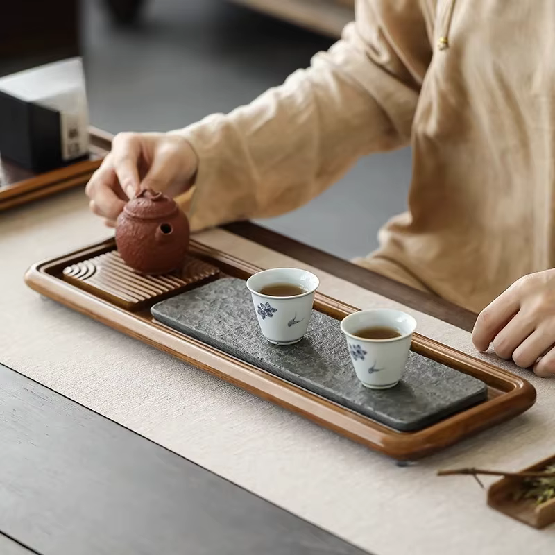 Mini service à thé Kungfu avec plateau en bambou lourd, assiette rectangulaire de brassage à sec, planche de service de cérémonie domestique de Style naturel