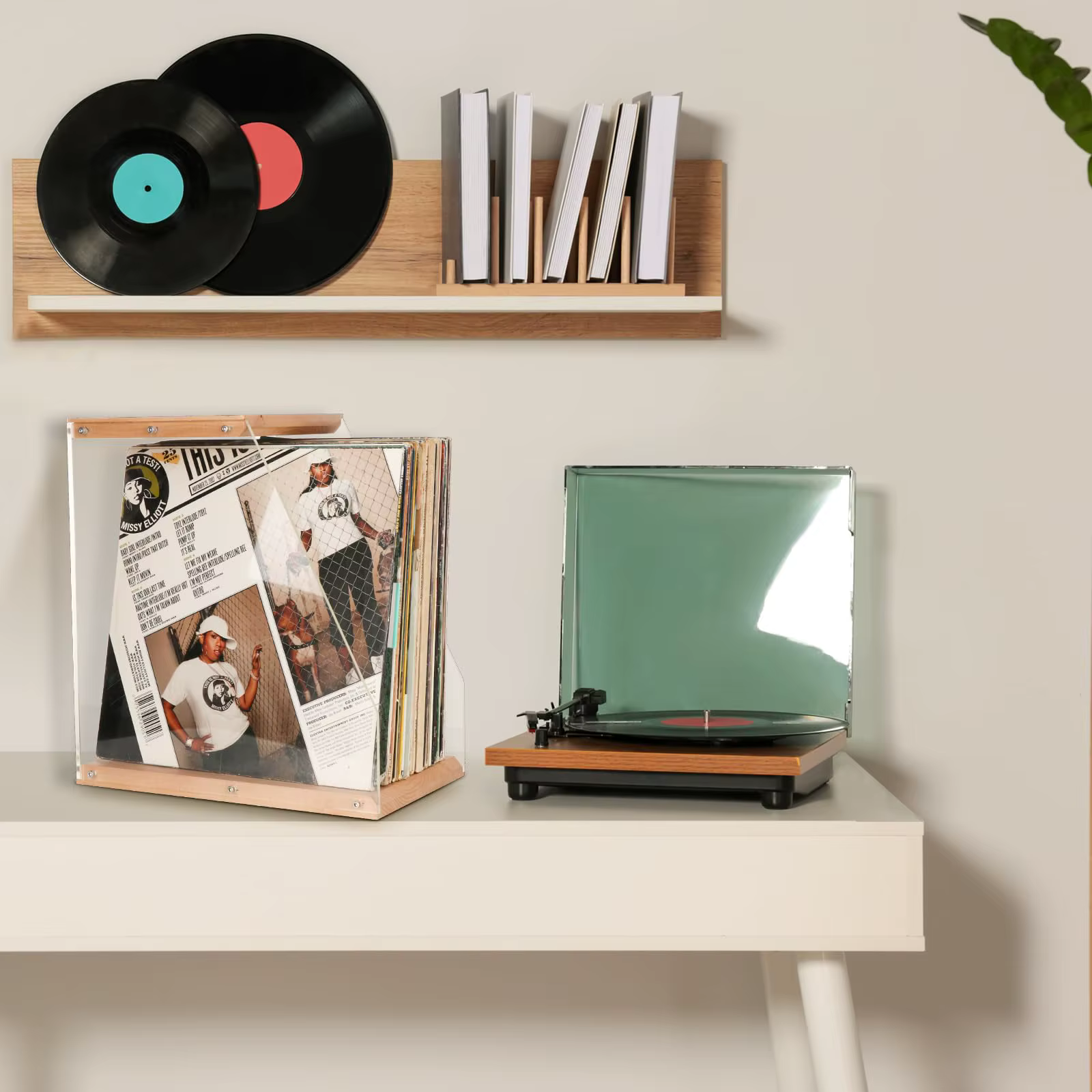 Stockage de disques vinyles, support d'album de disques vinyles, caisse de boîtier, caisse de disques LP en acrylique et en bois de bureau, peut contenir plus de 40 disques