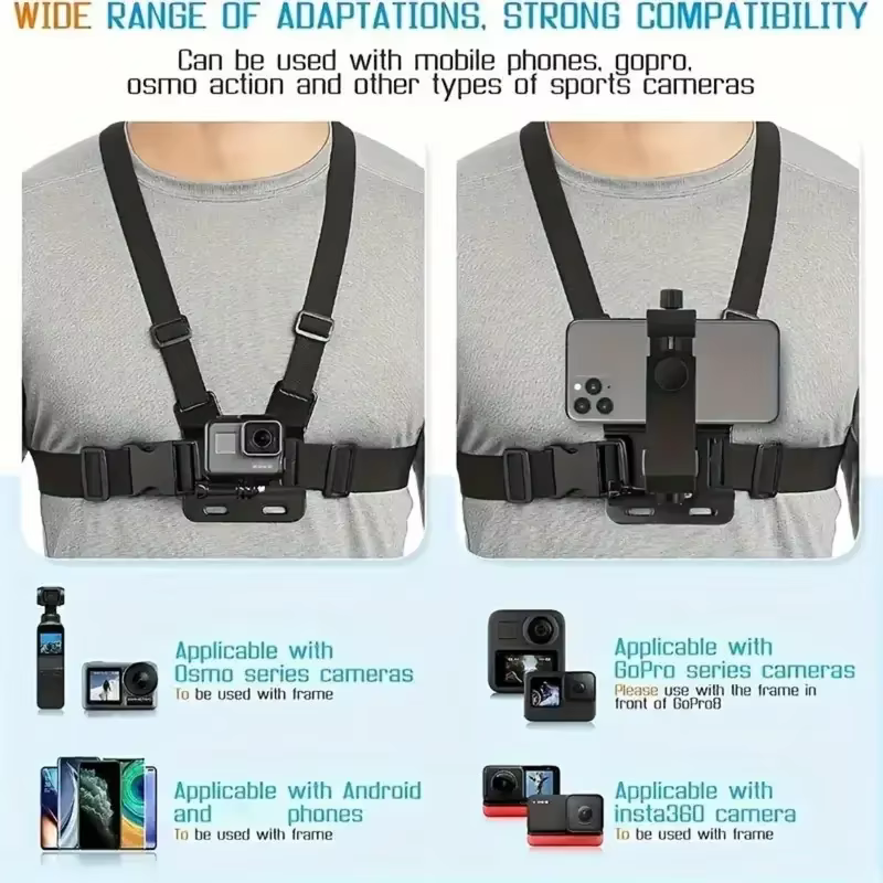 Support de téléphone réglable avec sangle de poitrine, fixation rapide pour appareil photo de sport, support de téléphone portable, accessoire noir, 1 PC