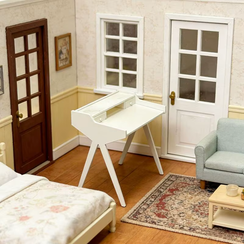 Table de toilette miniature en bois 1:12 pour maison de poupée, modèle de meuble avec miroir pour décoration de maison de jeu