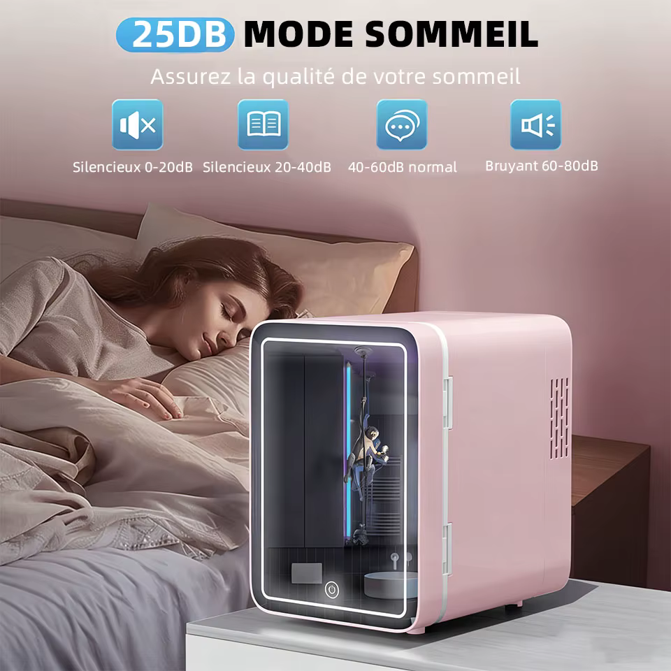 Mini-réfrigérateur de beauté portable avec miroir LED à intensité réglable pour maquillage et cosmétiques, idéal pour chambre, dortoir et voiture ﻿