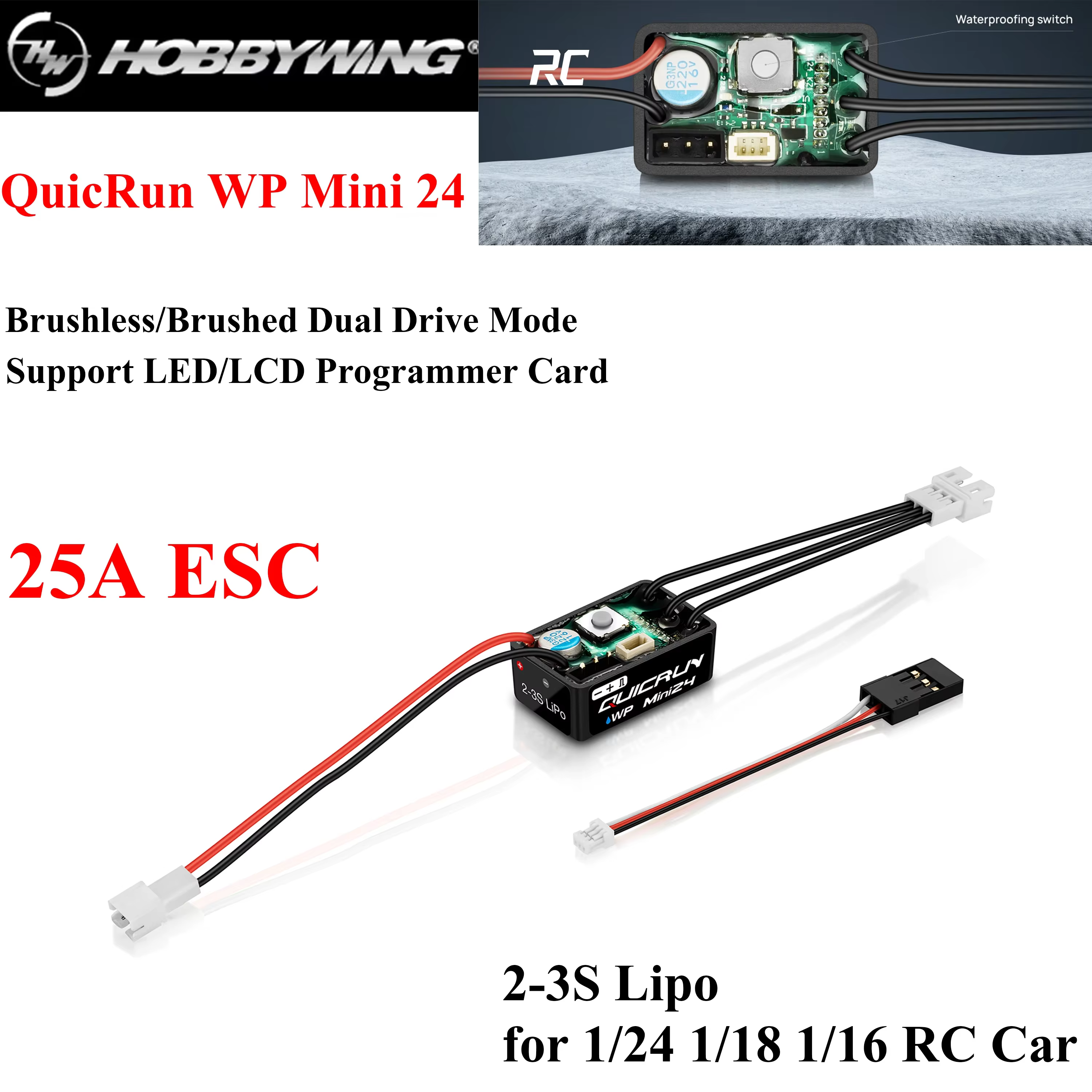 HOBBYWING QuicRun WP Mini24 25A étanche 2-3S brossé/sans balais ESC pour 1/24 1/18 1/16 RC Mini voiture chenille Monster 1621 moteur