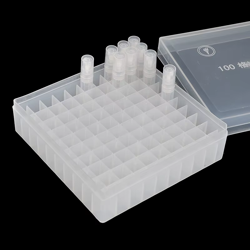 Boîte en plastique portable, mini boîte de rangement pour bouteilles d'huile essentielle, présentoir de bouteilles de parfum, grille 100, support pour bouteilles de 2ml, 5*14*14cm