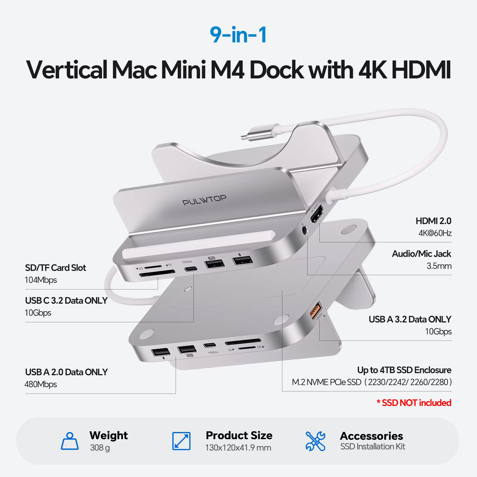 Hub PULWTOP Mac mini M4 avec SSD HDMI 4K et M.2 (SSD NON inclus), USB A/C 10 Gbit/s, audio, USB A 2.0, SD/TF pour Mac mini M4 Pro