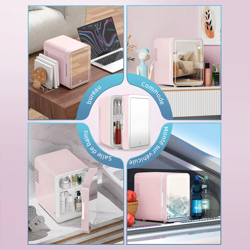 Mini-réfrigérateur de beauté portable avec miroir LED à intensité réglable pour maquillage et cosmétiques, idéal pour chambre, dortoir et voiture ﻿