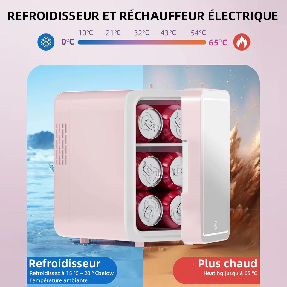 Mini-réfrigérateur de beauté portable avec miroir LED à intensité réglable pour maquillage et cosmétiques, idéal pour chambre, dortoir et voiture ﻿