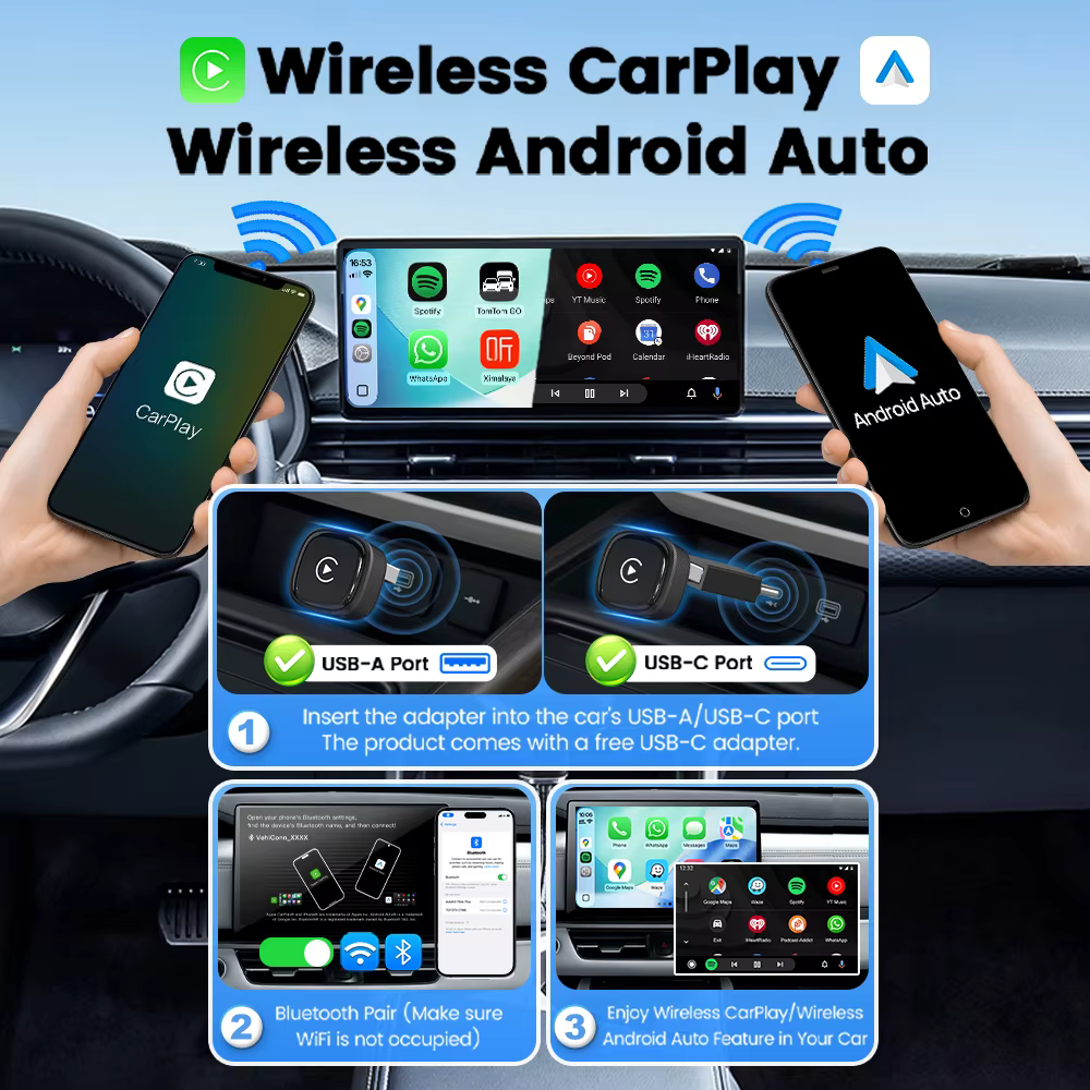 Adaptateur CarlinKit 5.0 Mini Ultra sans fil Android Auto & CarPlay, connexion automatique, Plug & Play pour les voitures équipées de CarPlay et Android Auto, boîte intelligente pour voiture