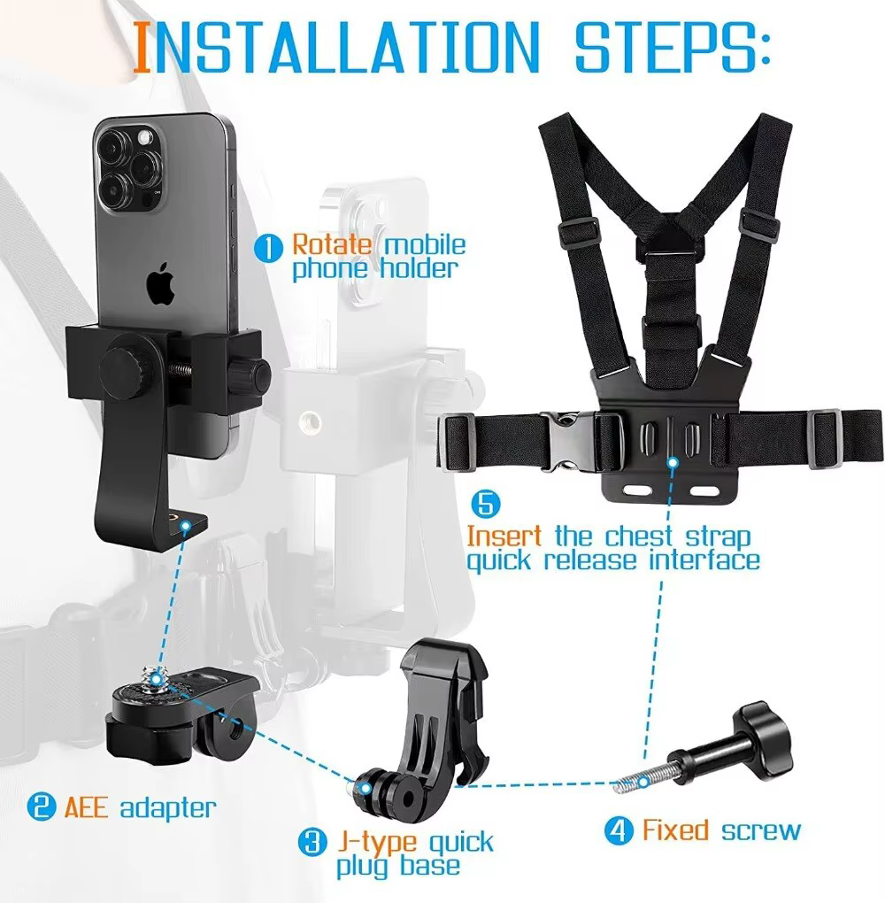 Support de téléphone réglable noir avec sangle de poitrine, accessoire de fixation pour téléphone portable pour les sports de plein air