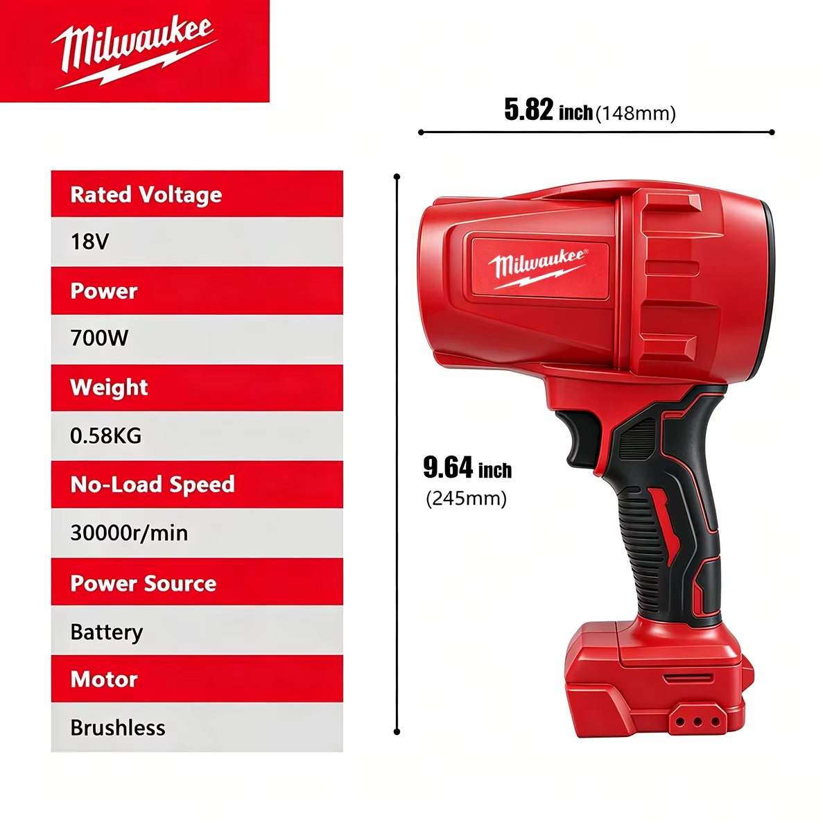Souffleur sans fil Milwaukee 700W 30000RPM avec moteur sans balais, souffleur de feuilles pour le déneigement et le nettoyage de la poussière, outil à vitesse variable (outil seul)