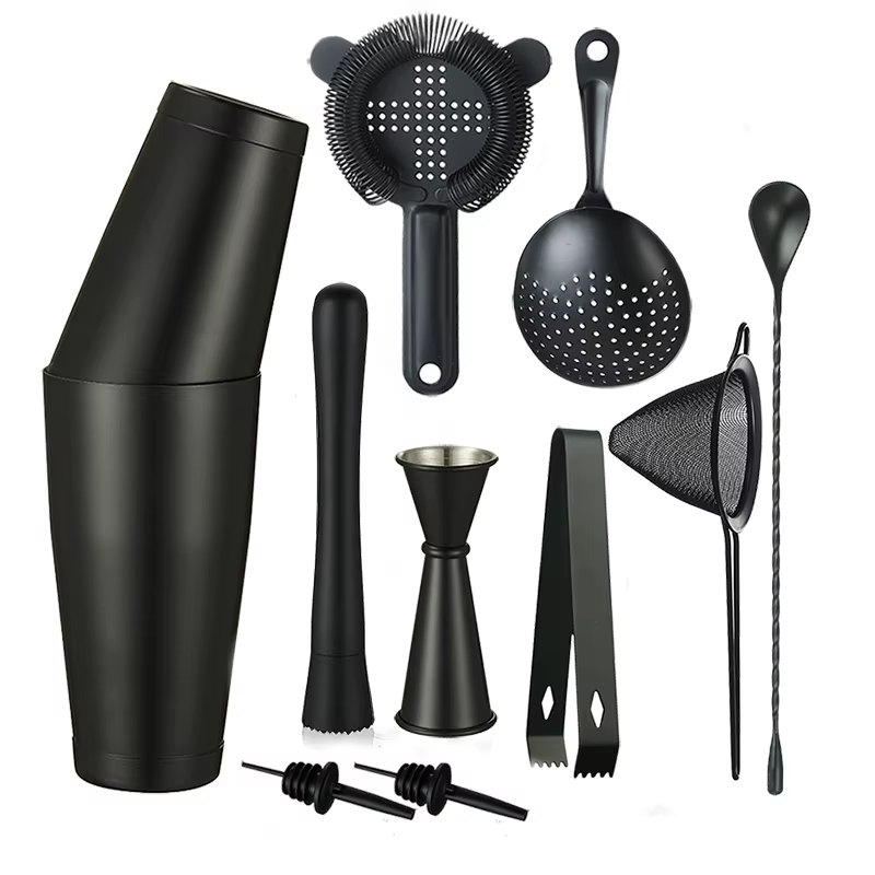 Ensemble de barman pour cocktails : Shakers Boston lestés, Ensemble de passoires à cocktails, Jigger, Muddler à cocktails, Cuillère, Pince à glace, Verseurs