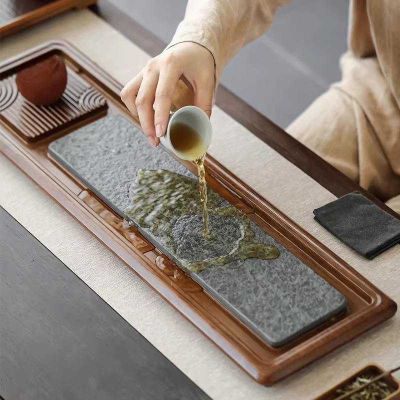 Mini service à thé Kungfu avec plateau en bambou lourd, assiette rectangulaire de brassage à sec, planche de service de cérémonie domestique de Style naturel