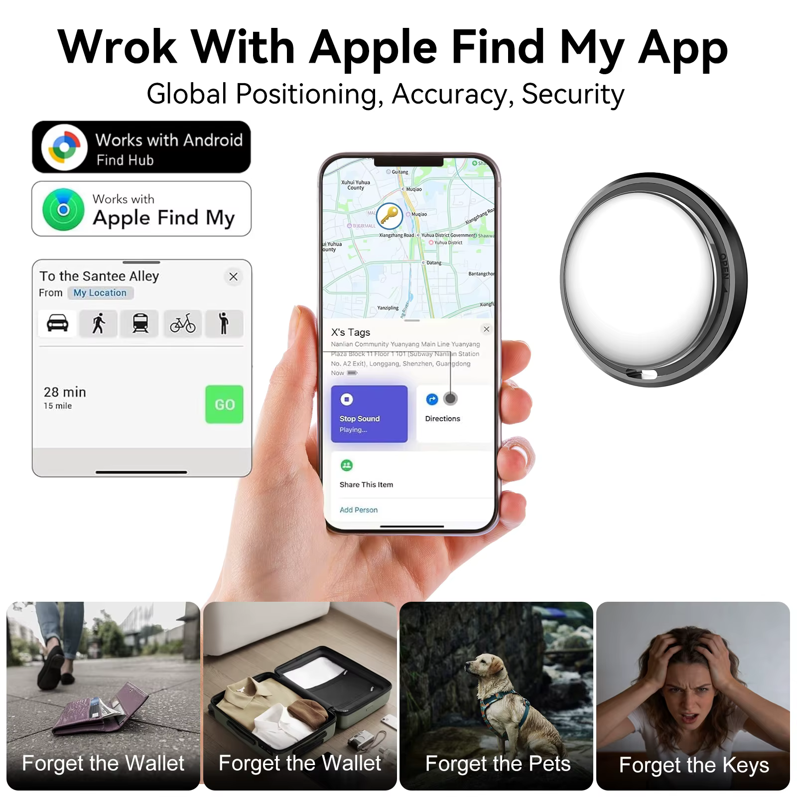 Mini traceur GPS caché avec étui magnétique – Localisateur anti-perte pour voiture, portefeuille, animal de compagnie, compatible avec iOS Find My et Google Find Hub