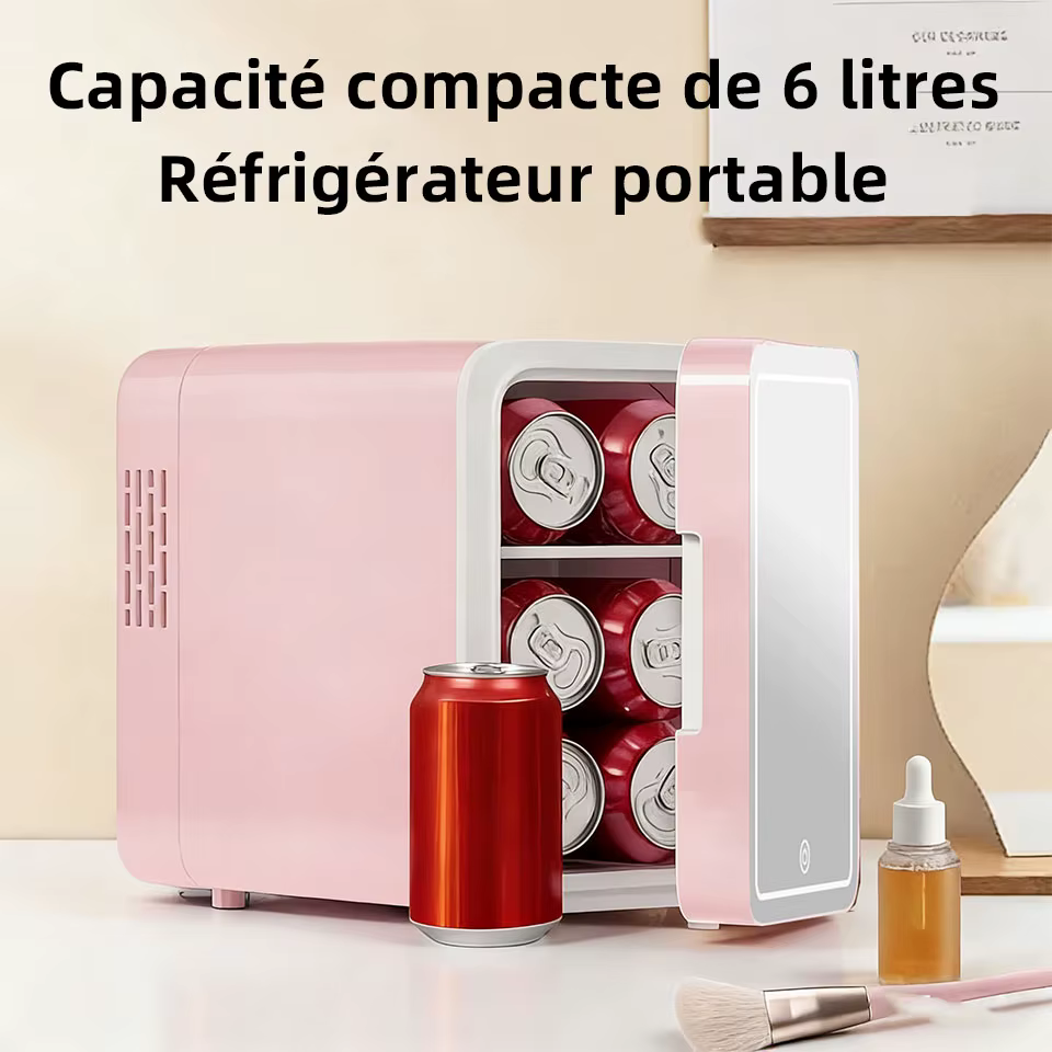 Mini-réfrigérateur de beauté portable avec miroir LED à intensité réglable pour maquillage et cosmétiques, idéal pour chambre, dortoir et voiture ﻿